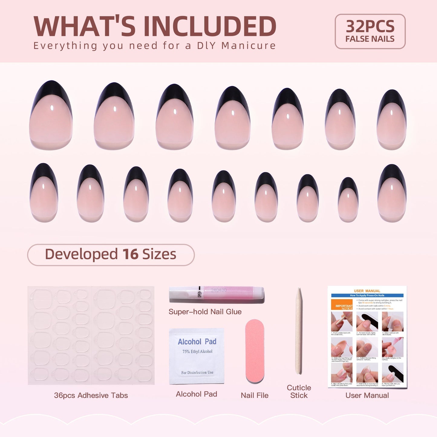 Gel Press On Nails 16 Sizes-32 Pcs Kit XNFS170