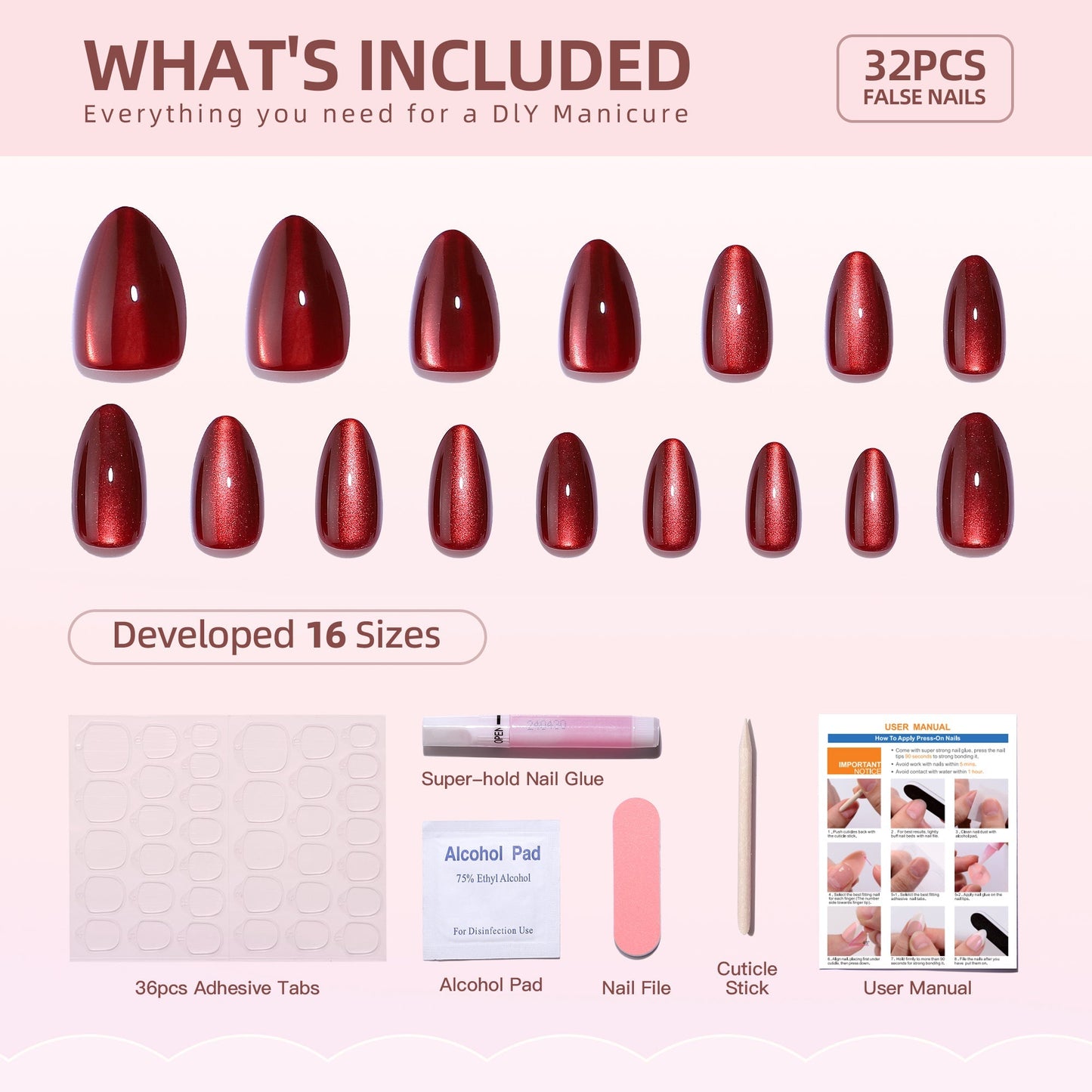 Gel Press On Nails 16 Sizes-32 Pcs Kit XNMY203
